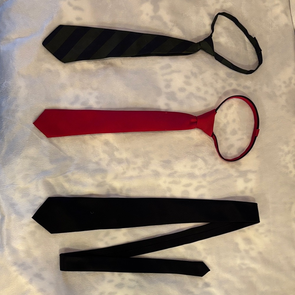 Three Boys' Neck Ties - Navy/green Stripe, Solid Red, Solid Black